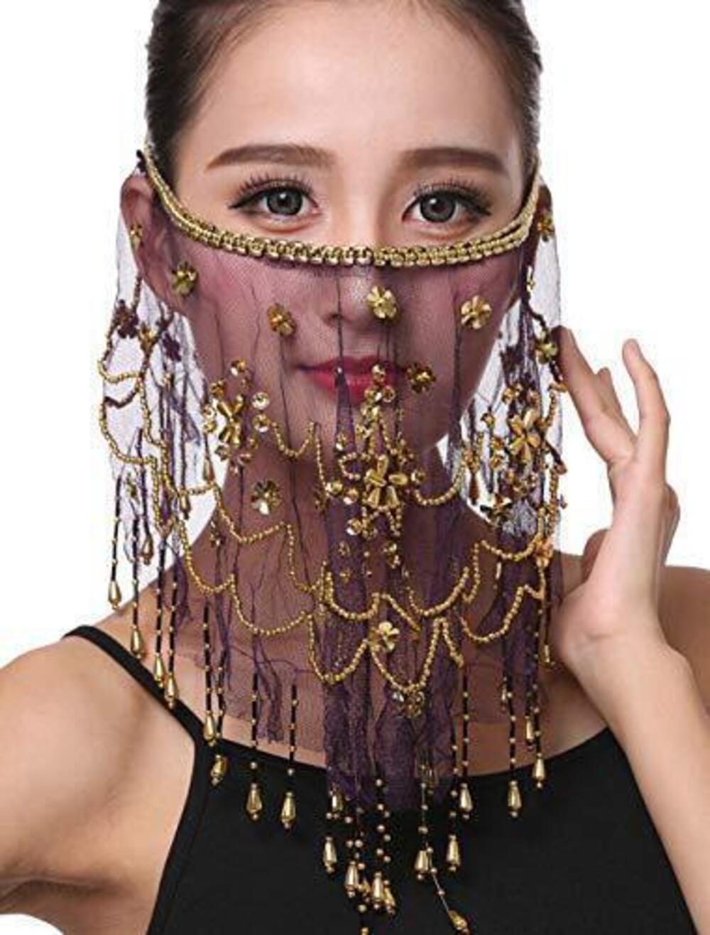 8014 Belly Dance Face Veil with Beads Sequins Halloween Genie Costume